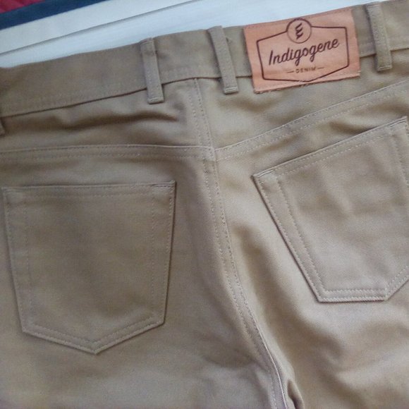 NEW INDIGOGENE CUSTOM SELVEDGE DEMIN JEANS 30 X 32 SLIM FIT TAN - Picture 2 of 2